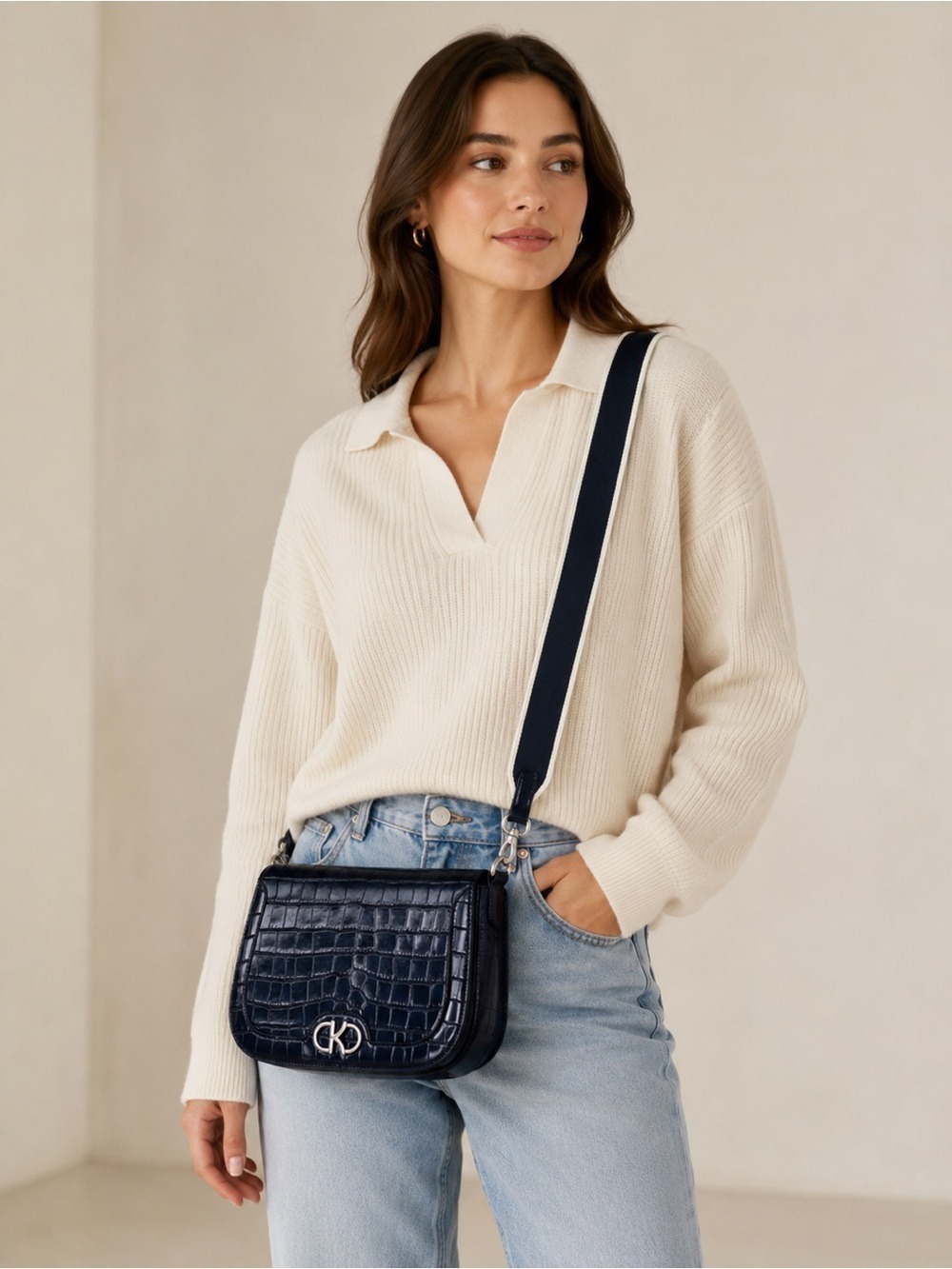 Kate Spade Kyla Croc Embossed Leather Bag Navy Silver Hardware Guitar Strap
